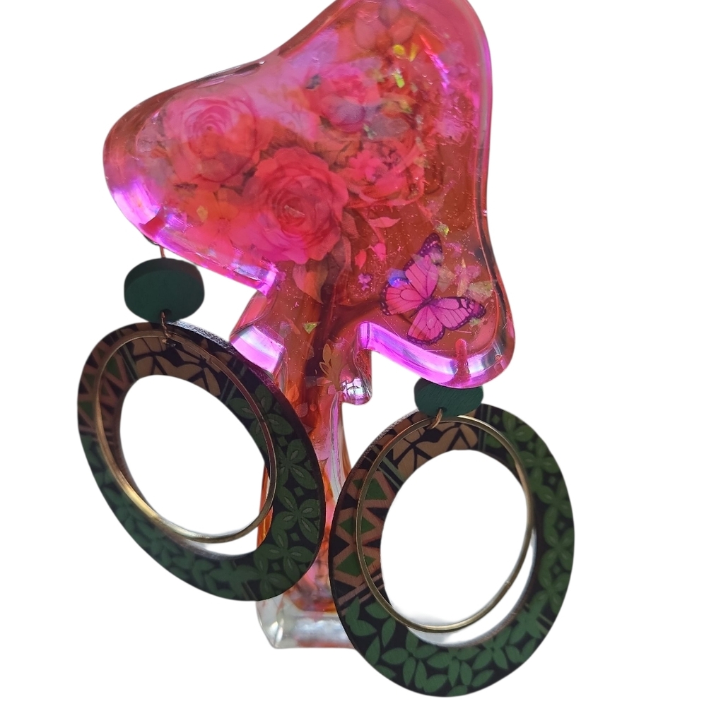 Green and Gold Hoop Earrings Boho Hand Crafted Upcycle A951